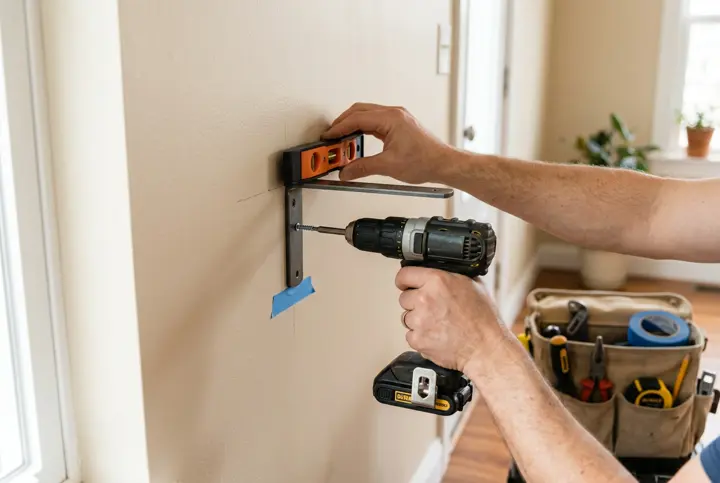 Mounting a wall bracket with a level and drill